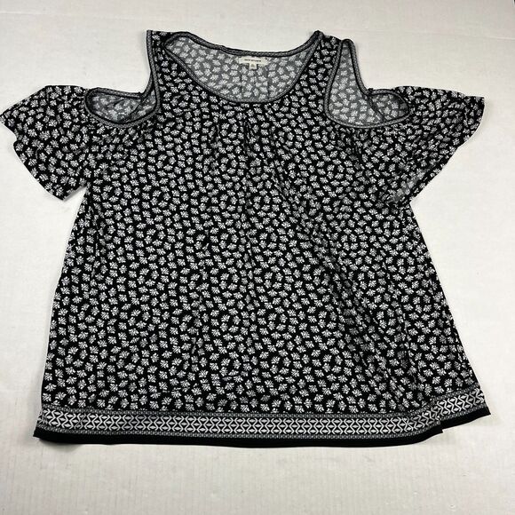 Max Studio Cold Shoulder Floral Top XL Black White Romantic Cottagecore Shirt - Picture 1 of 10